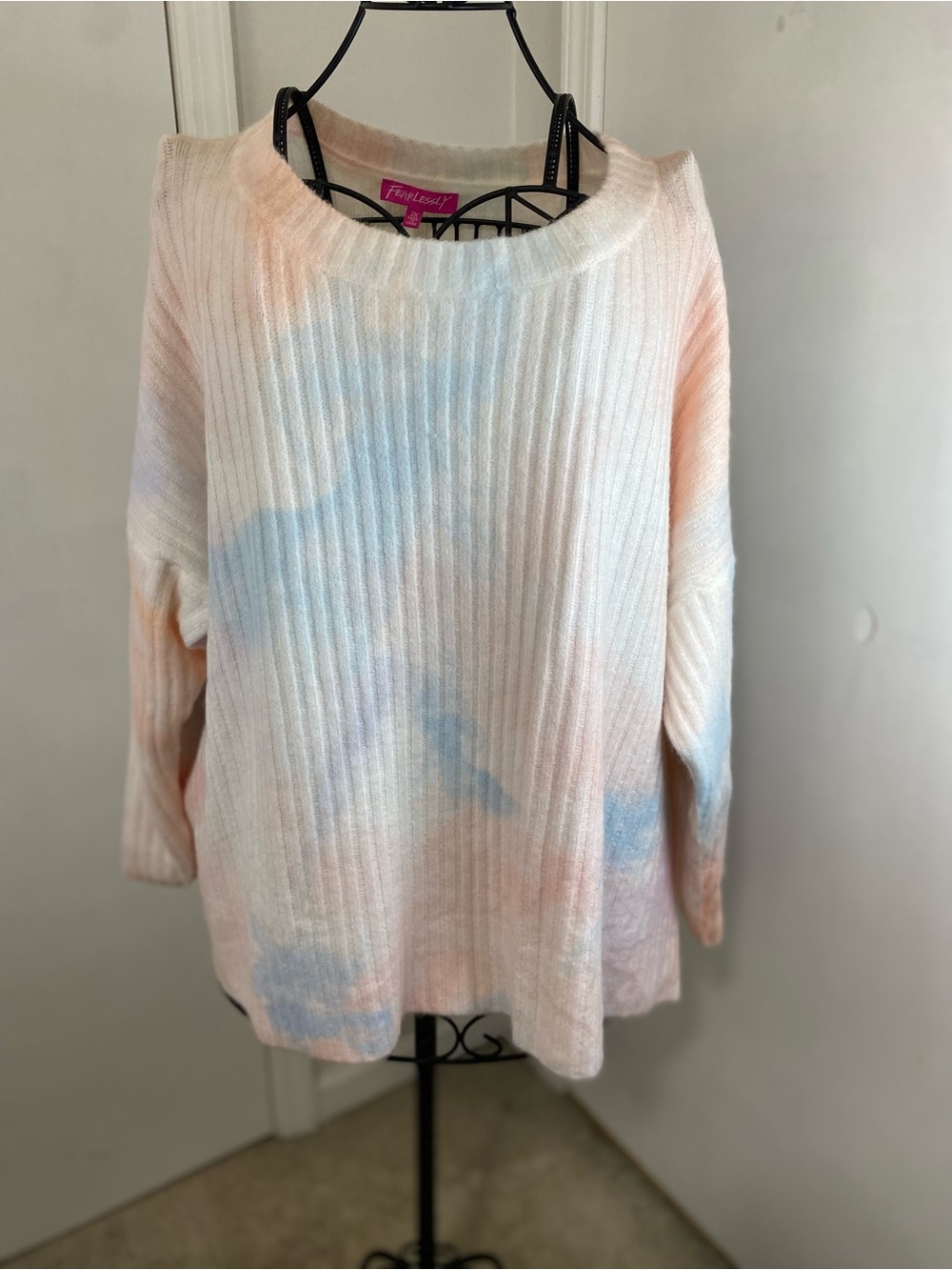 Fearlessly Women 2X Tie Dye Sweater Pastel Ribbed Knit Side Slit Cozy Top